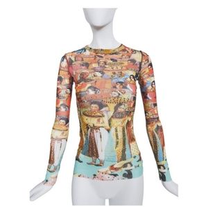 Jean Paul Gaultier Soleil Vintage Asian Faces People Print Semi-Sheer Mesh Top